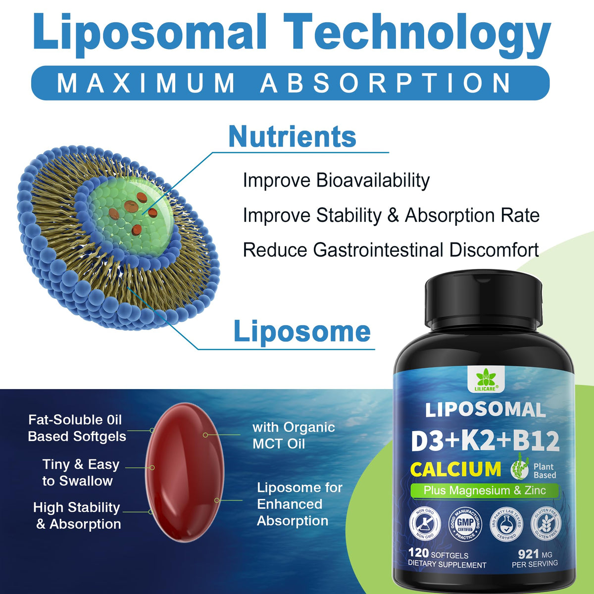 LILICARE Complément Alimentaire Calcium 600mg D3 K2 5000 IU - étiquette du produit