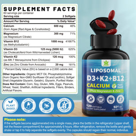 LILICARE Complément Alimentaire Calcium 600mg D3 K2 5000 IU - gélules molles