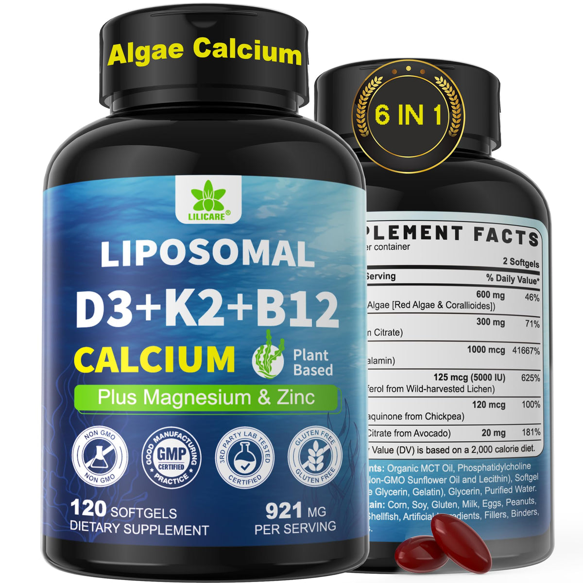 LILICARE Complément Alimentaire Calcium 600mg D3 K2 5000 IU - vue de face
