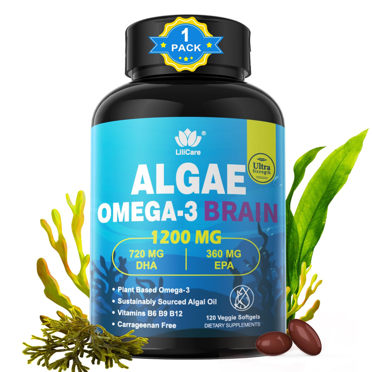 LILICARE Complément Omega 3 à base d'algues 1200mg devant l'emballage