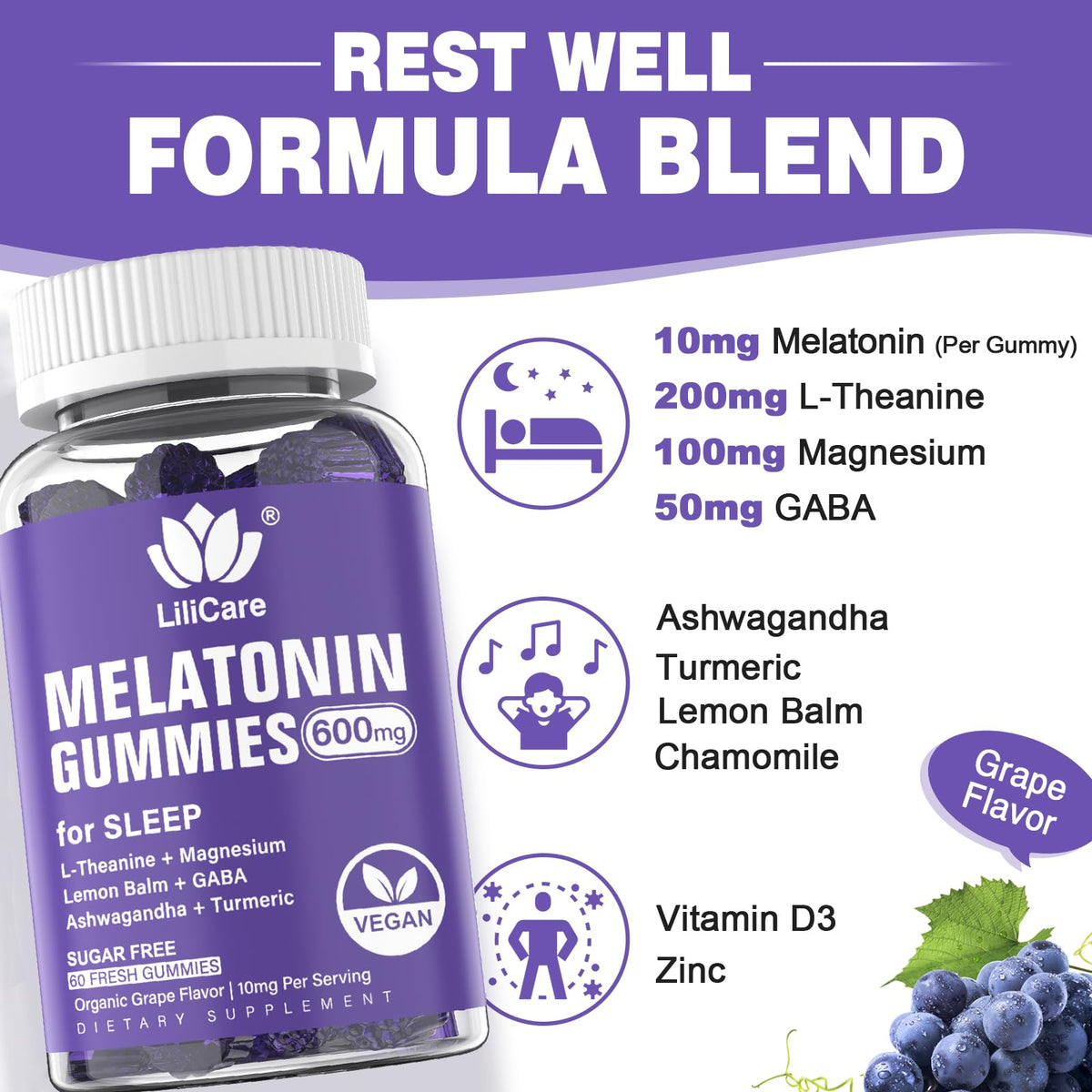 LILICARE Gélules de mélatonine 20 mg Vegan affichant les ingrédients
