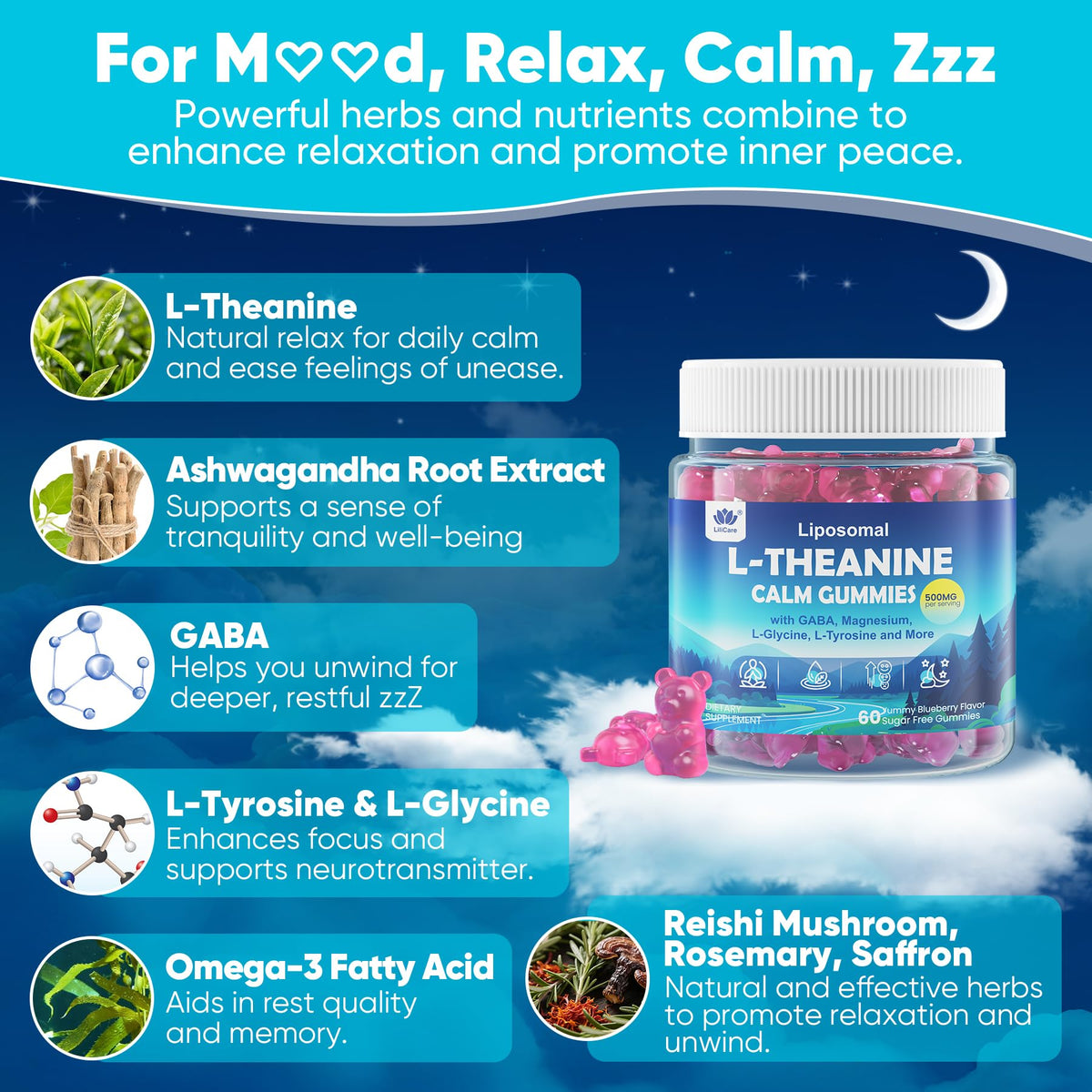 LILICARE Gummies Calm L-Theanine 500mg 120 Cts gummies in a bowl