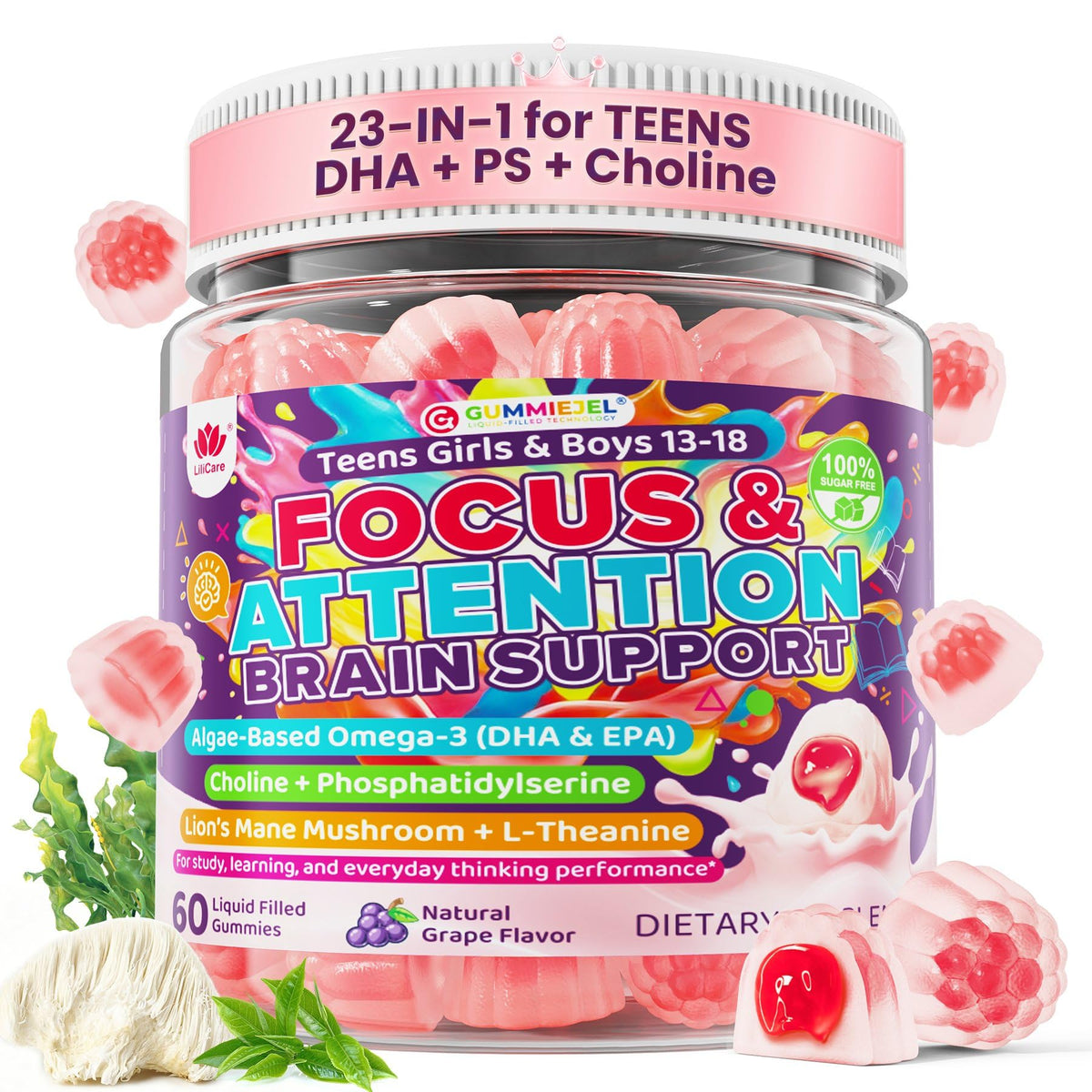 LILICARE gummies cérébrales ados flacon de 222g avec étiquette colorée