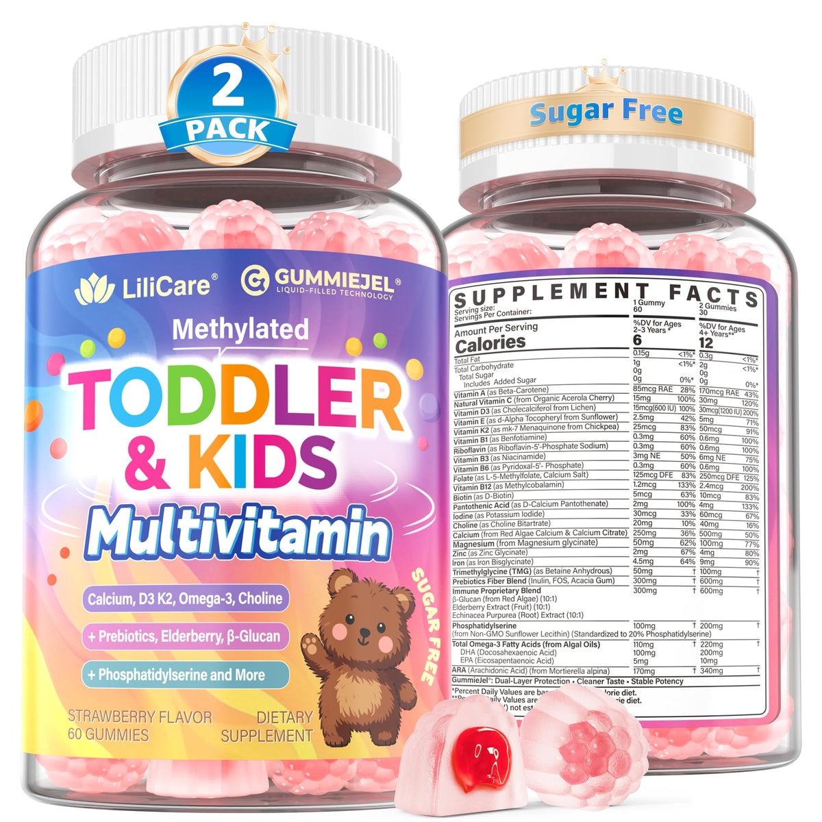 LILICARE Gummies Multivitamines pour enfants 2-3 et 4+ avant avec emballage