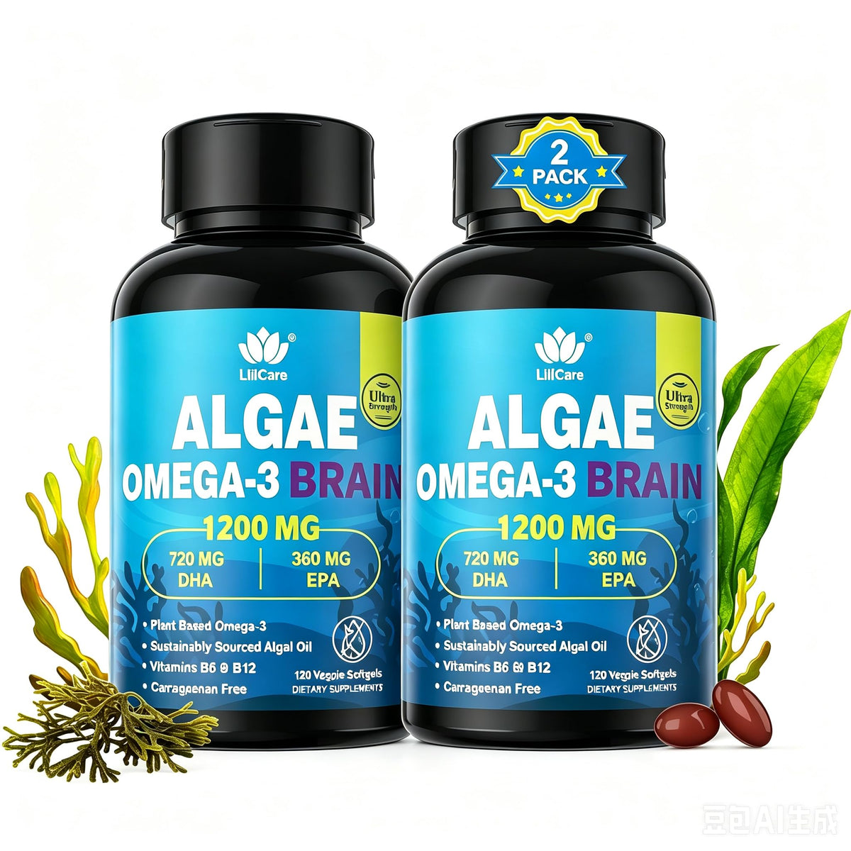 LILICARE Huile d'Algue Omega 3 240 gélules végétales, vue de face