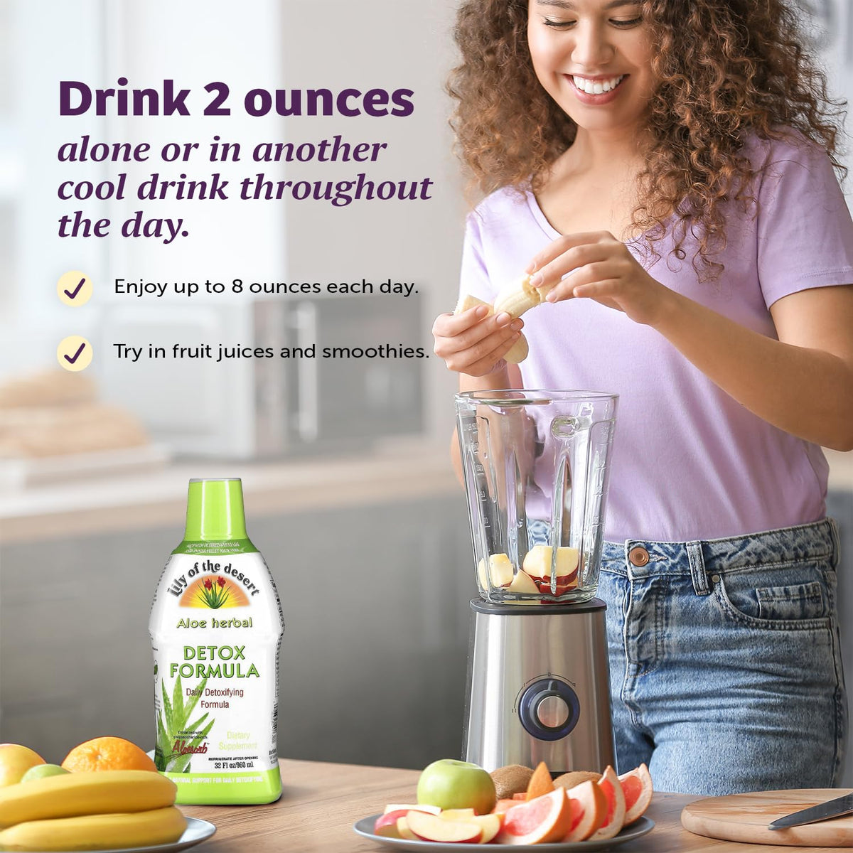 Lily Of The Desert Formule Détox en utilisation dans un smoothie