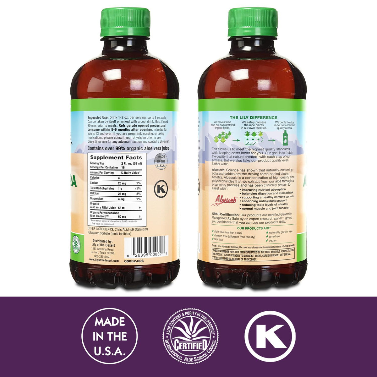 Lily Of The Desert Jus d'Aloe Vera Bio 946 ml avec étiquette
