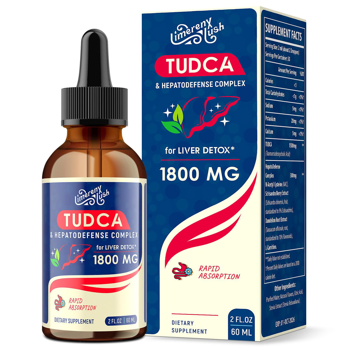 LimerenxLush TUDCA Gouttes de Soutien Hépatique 1800mg - Flacon avant