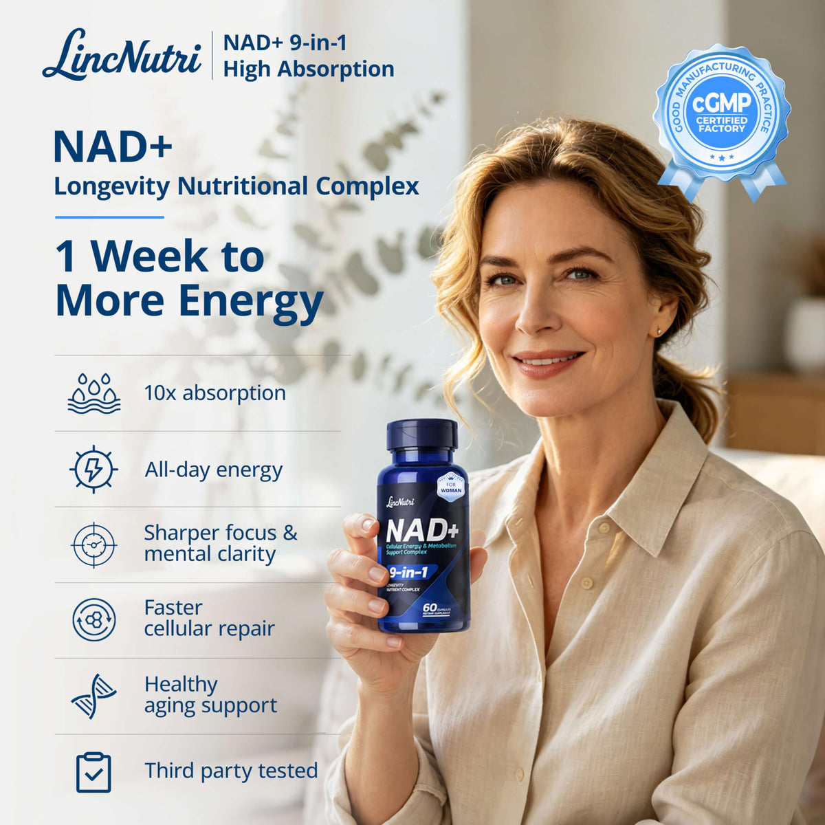 LincNutri complément NAD+ 250mg avec ingrédients listés sur le dos