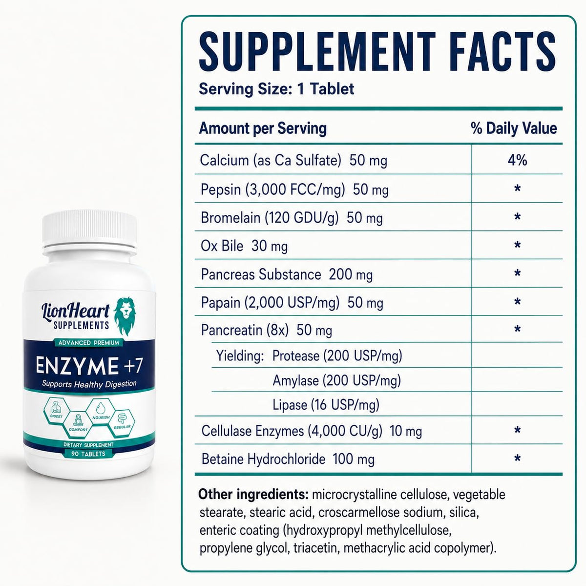 LionHeart Enzyme +7 emballage avec informations nutritionnelles