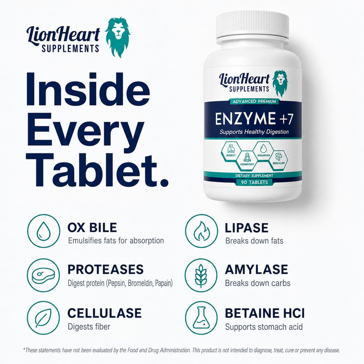 LionHeart Enzyme +7 tablette en gros plan