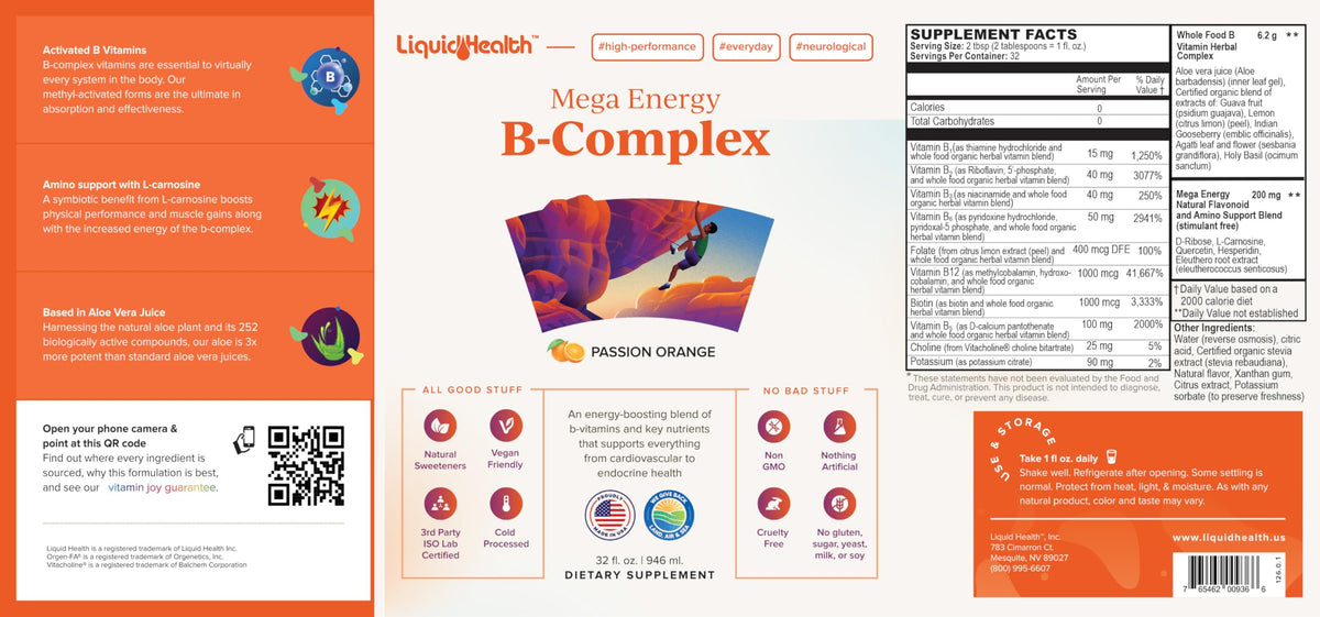 LIQUIDHEALTH Mega Energy B-Complex 32 oz sur une table