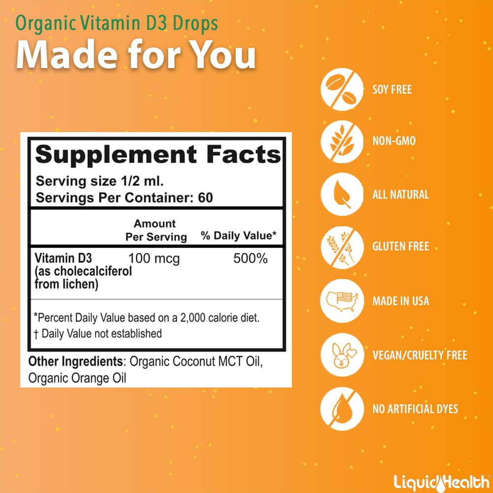 LIQUIDHEALTH Vitamine D3 4000 IU flacons sur une table