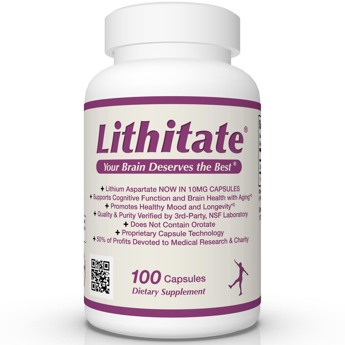lithitate Lithium Aspartate 10mg bouteille vue de face avec 100 capsules
