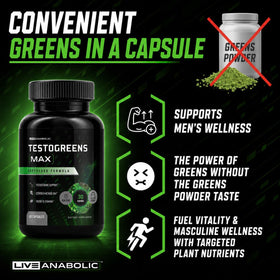 Live Anabolic TestoGreens Max bouteille ouverte avec capsules à l'intérieur