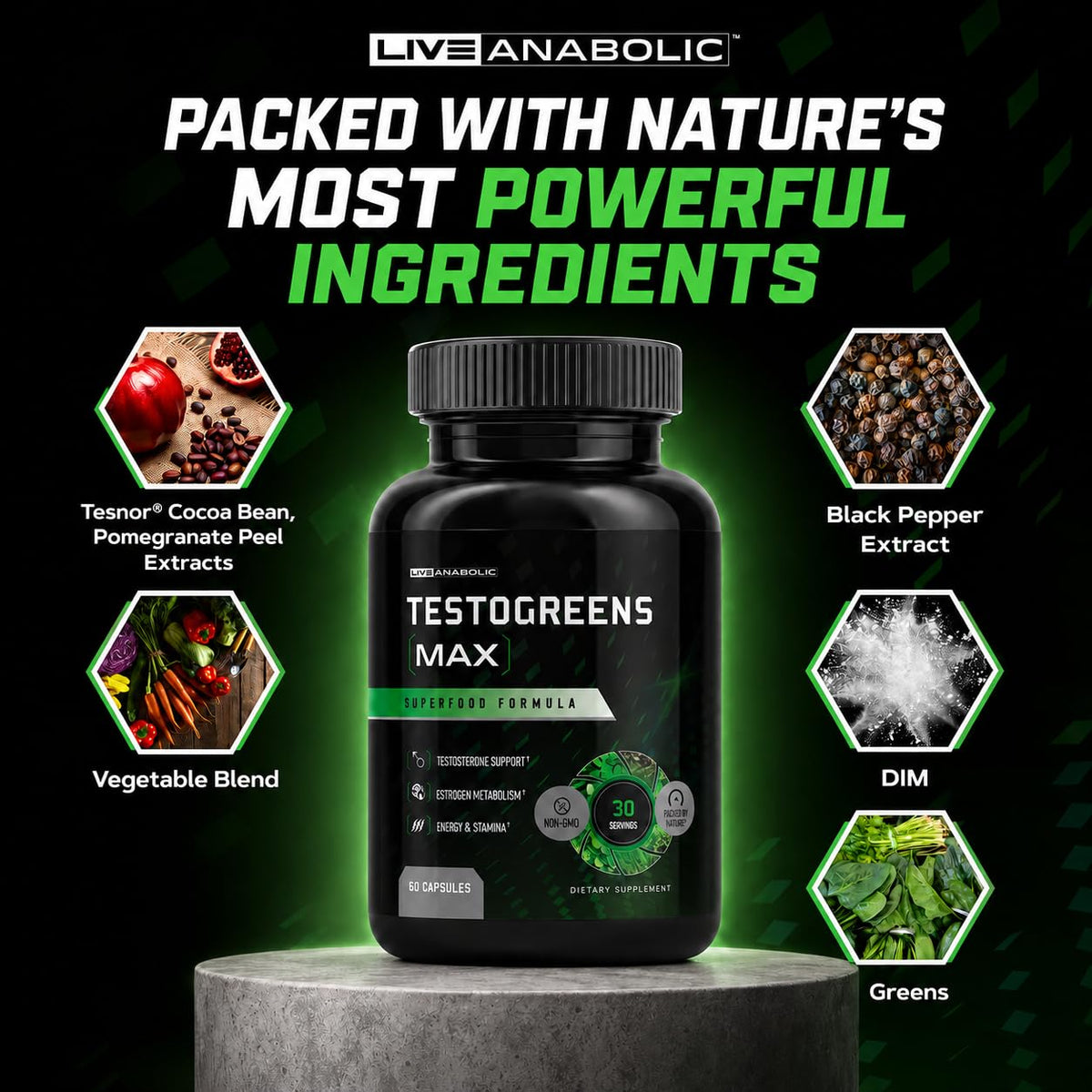 Live Anabolic TestoGreens Max bouteille sur fond blanc