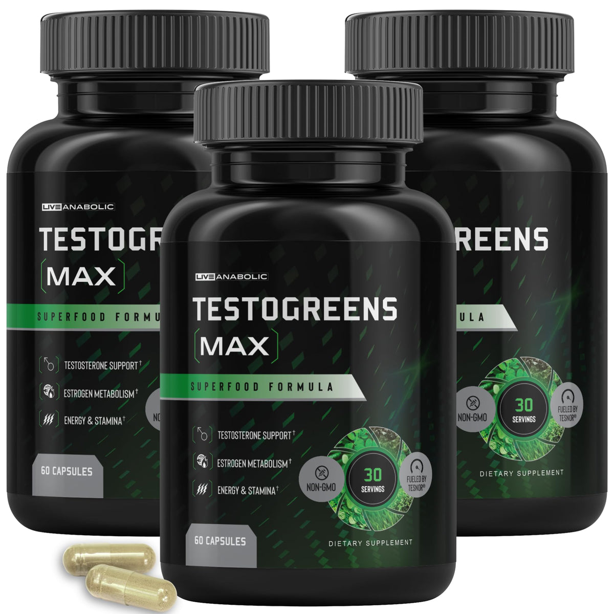 Live Anabolic TestoGreens Max devant de la bouteille avec capsules