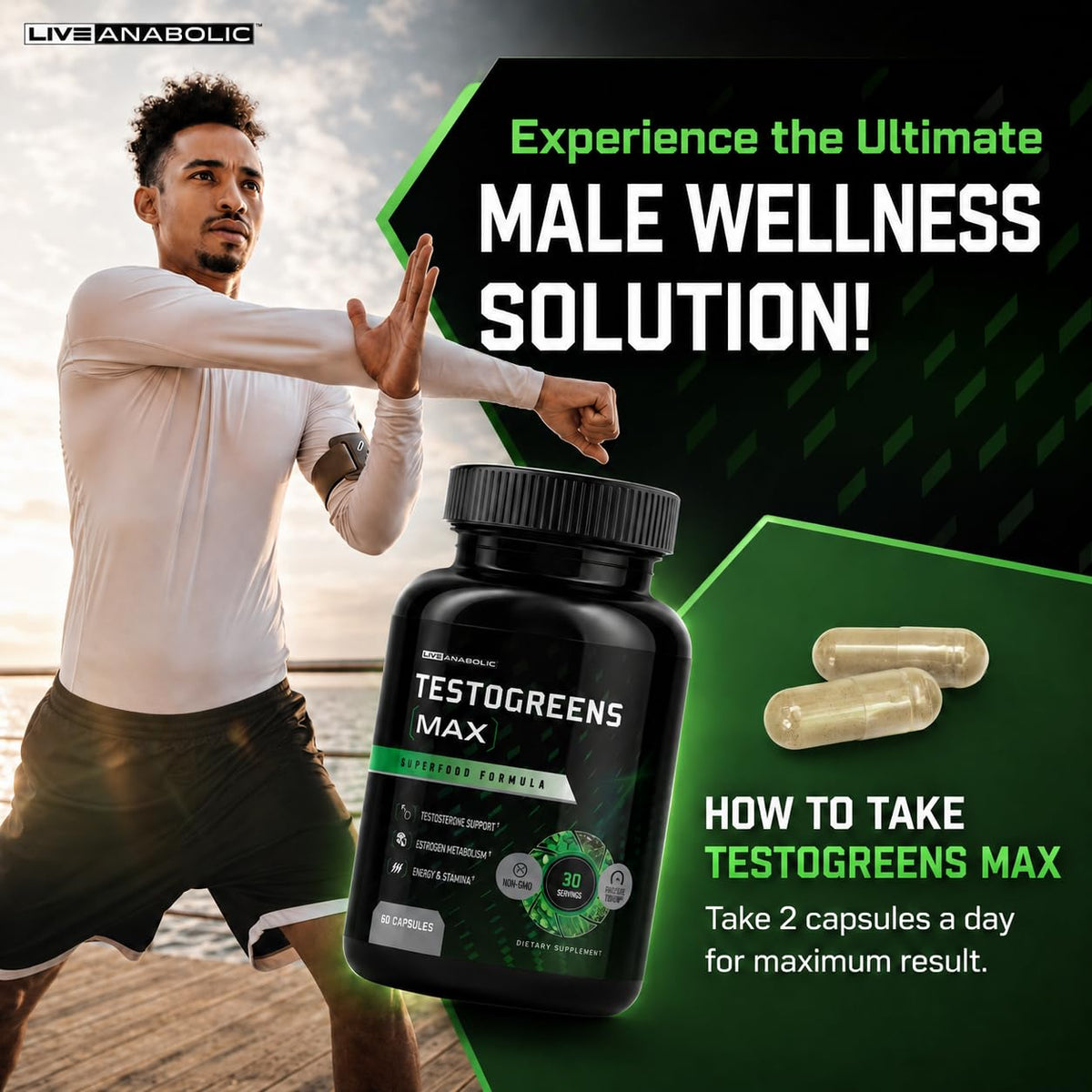 Live Anabolic TestoGreens Max en main avec vue rapprochée des capsules