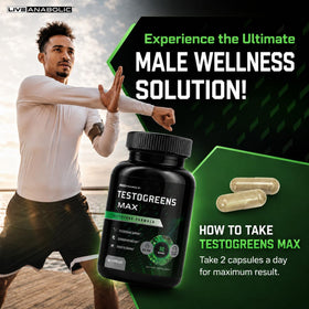 Live Anabolic TestoGreens Max en main avec vue rapprochée des capsules