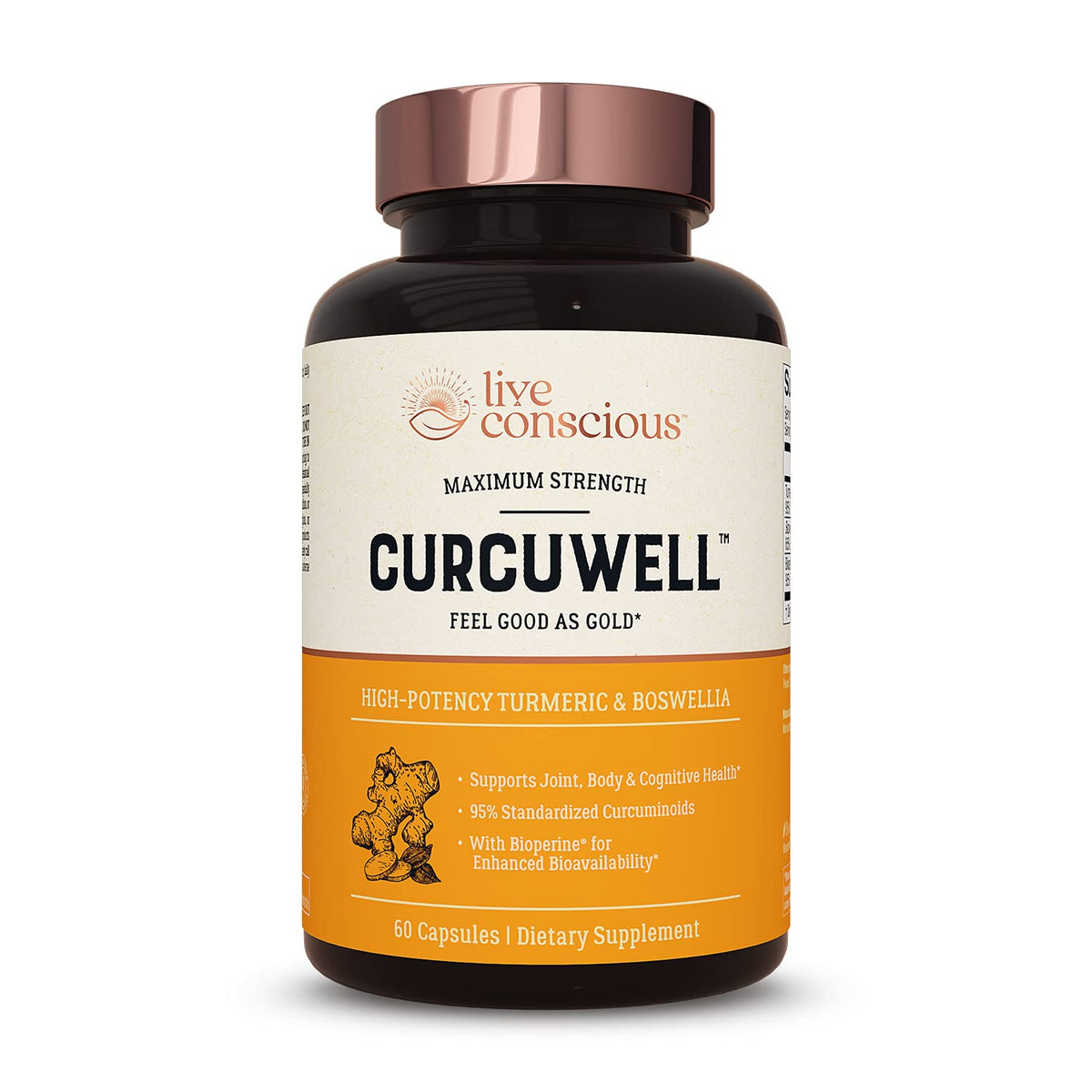 Live Conscious CurcuWell 1000 mg Curcuma et Boswellia capsules front view