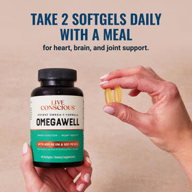 Live Conscious OmegaWell Omega 3 2000 mg gélules sur une table