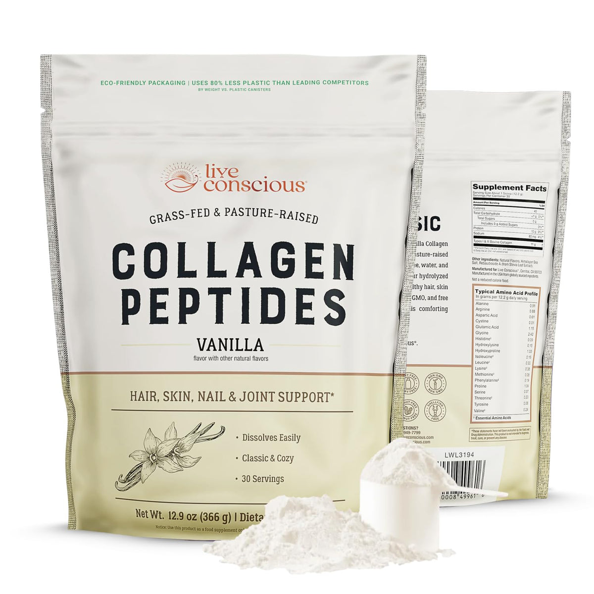 Live Conscious Poudre de Collagène Peptides Saveur Vanille 390g vue avant