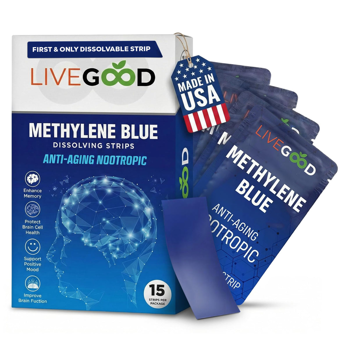 LIVEGOOD Methylene Blue 15 bandes menthe vue avant avec emballage
