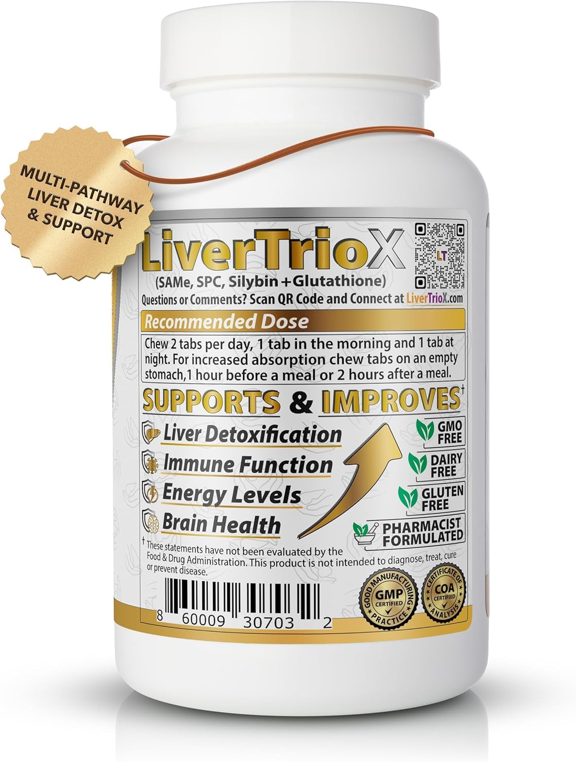 LiverTrio+ Complément Alimentaire Antioxydant 60 Comprimés Orange avec un comprimé en gros plan