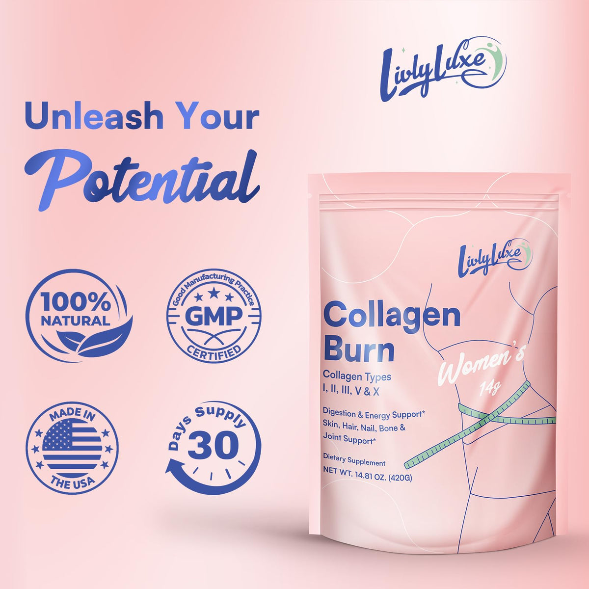 LivLyLuxe Poudre de Collagène 420 g ouverte avec poudre visible