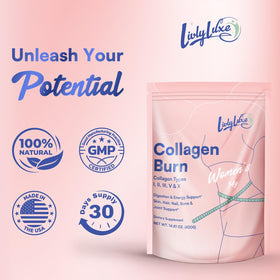 LivLyLuxe Poudre de Collagène 420 g ouverte avec poudre visible