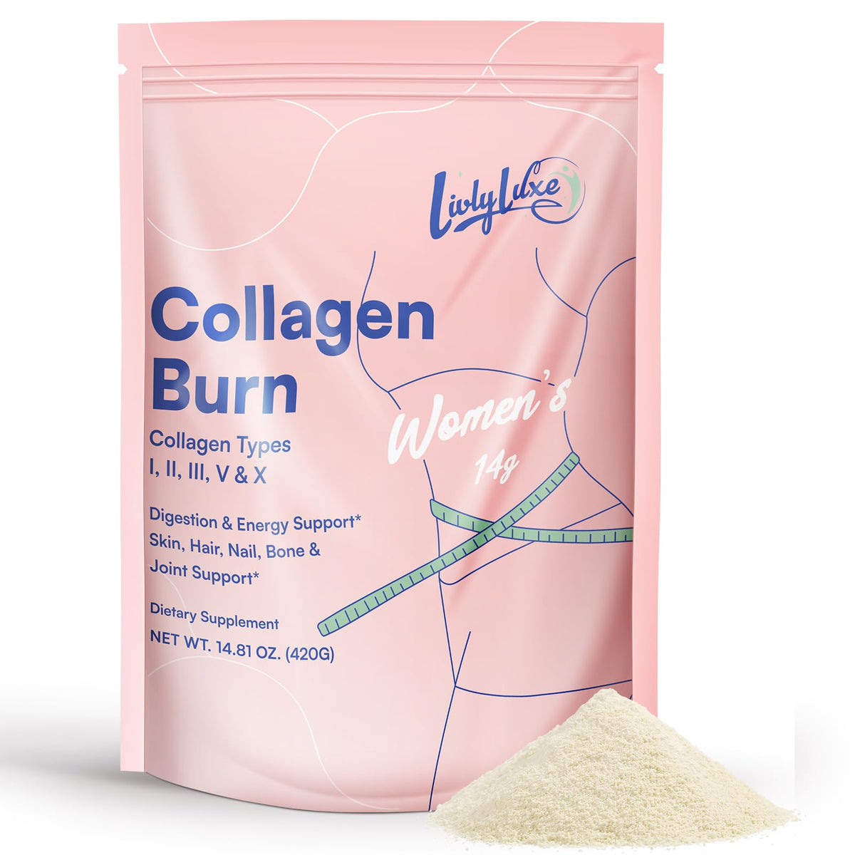 LivLyLuxe Poudre de Collagène 420 g vue de face avec étiquette