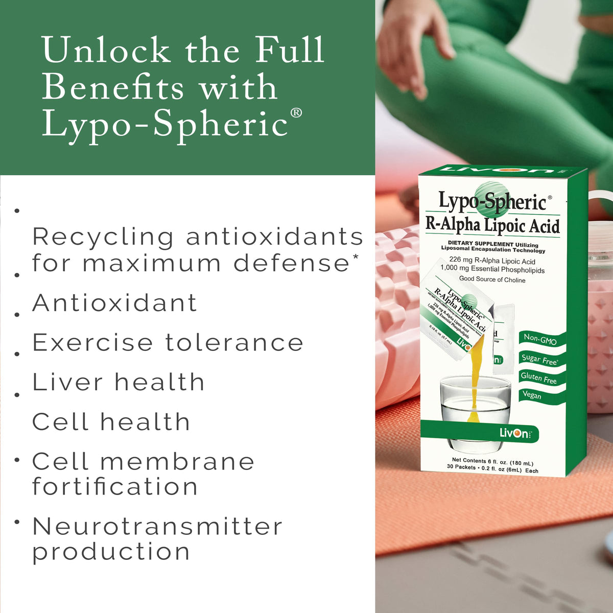 LivOn Laboratories Lypo-Spheric Acide Alpha-Lipoïque à côté d'un verre d'eau