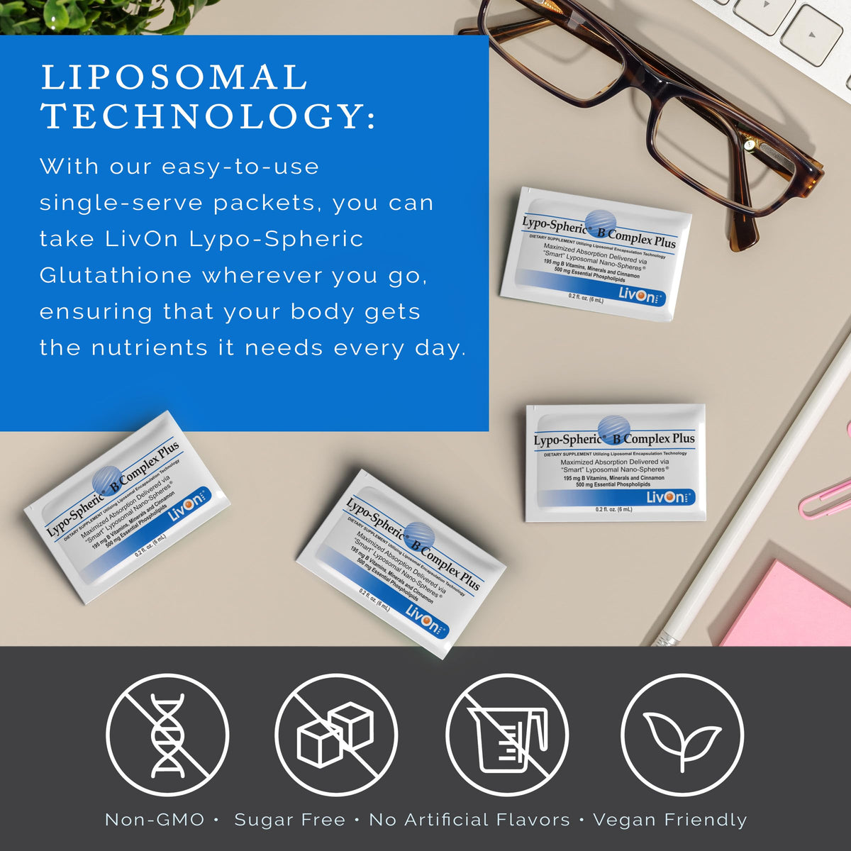 LivOn Laboratories Lypo-Spheric B Complex Plus 30 sachets sur une table