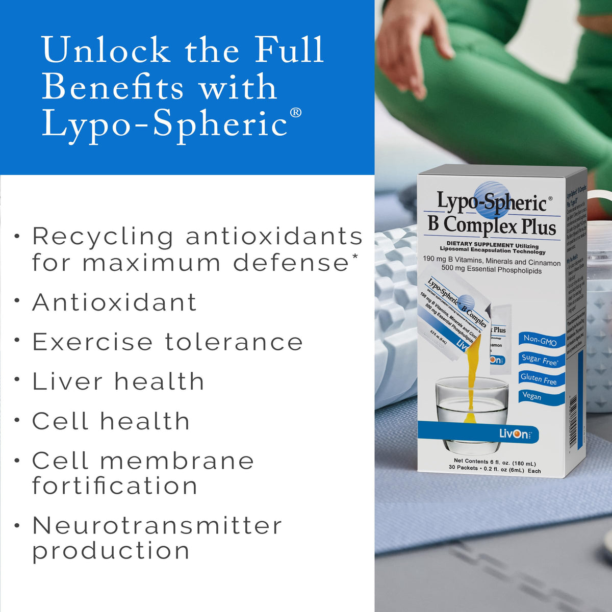 LivOn Laboratories Lypo-Spheric B Complex Plus emballage arrière avec informations nutritionnelles