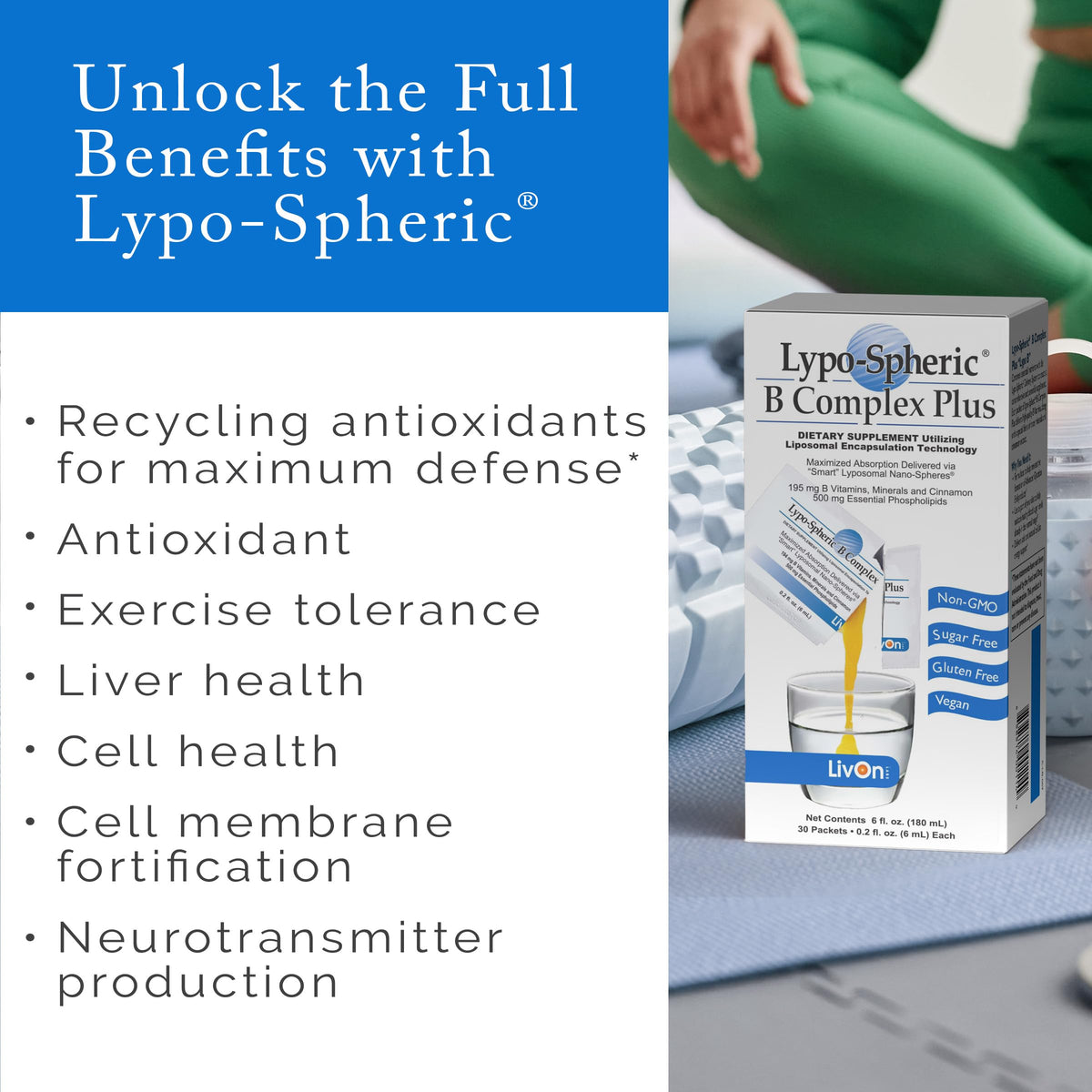 LivOn Laboratories Lypo-Spheric B Complex Plus en situation avec un verre d'eau