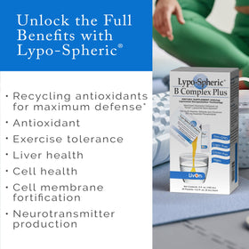 LivOn Laboratories Lypo-Spheric B Complex Plus en situation avec un verre d'eau