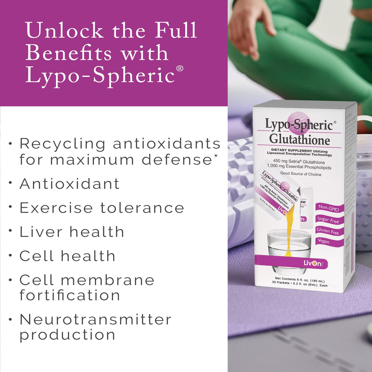 LivOn Laboratories Lypo-Spheric Glutathione sachets avec eau