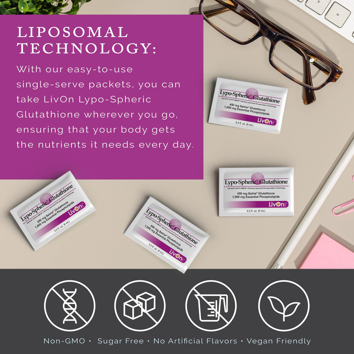 LivOn Laboratories Lypo-Spheric Glutathione sachets avec ingrédients