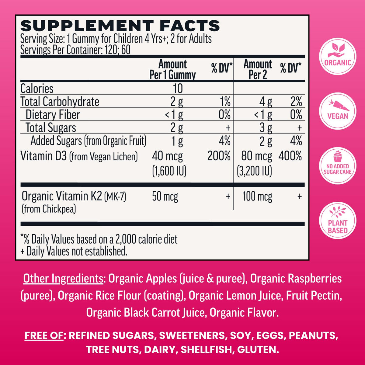 Llama Naturals Gummies D3 K2 Vegan 120 pièces framboise, emballage