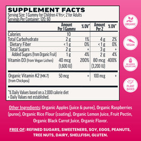 Llama Naturals Gummies D3 K2 Vegan 120 pièces framboise, emballage