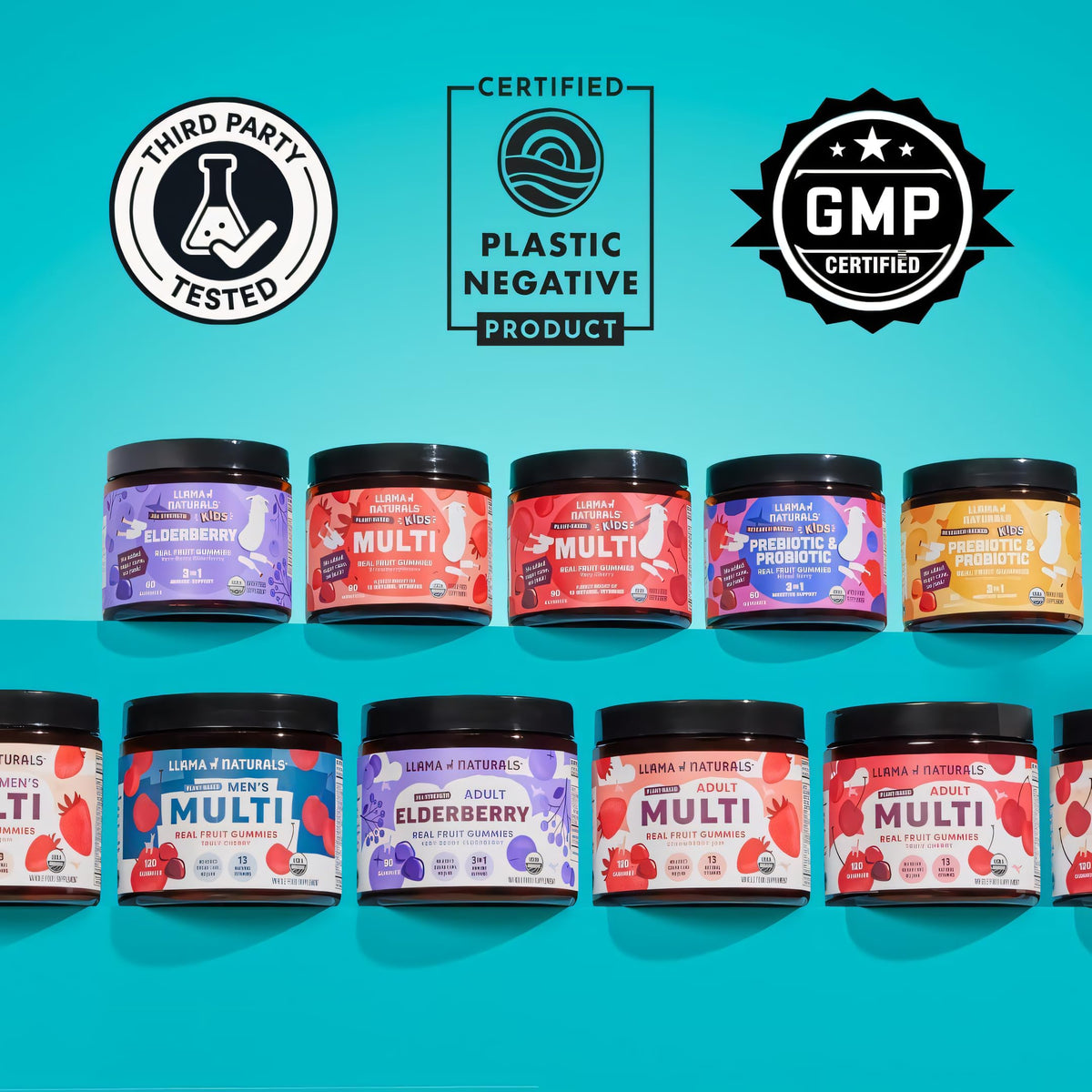 Llama Naturals Multivitamines Gummies, image de groupe avec d'autres produits
