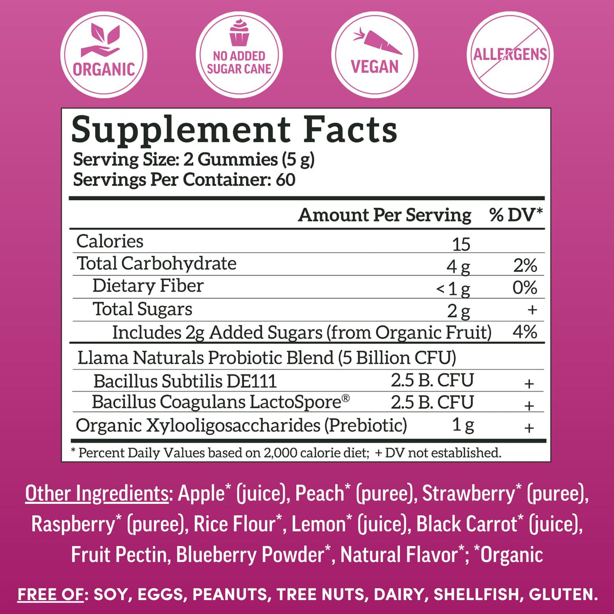 Llama Naturals Probiotiques Gummies 120 Ct ingrédients naturels