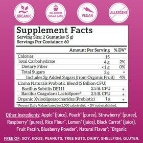 Llama Naturals Probiotiques Gummies 120 Ct ingrédients naturels