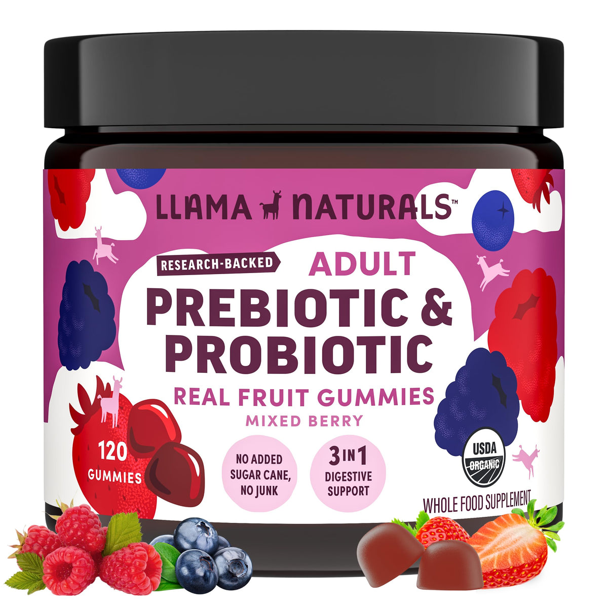 Llama Naturals Probiotiques Gummies 120 Ct pot avec fruits mélangés