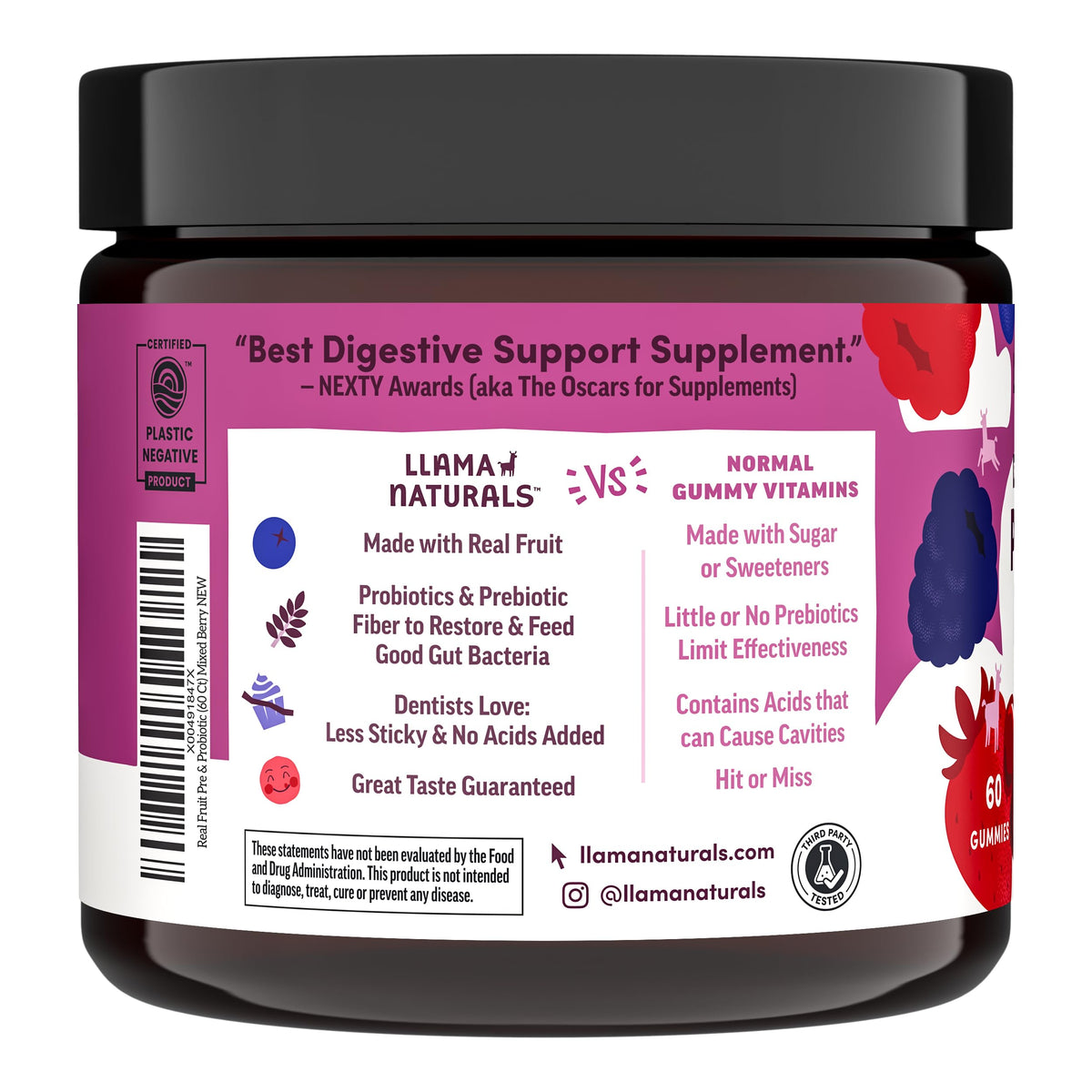 Llama Naturals Probiotiques Gummies 120 Ct présentation sur une table