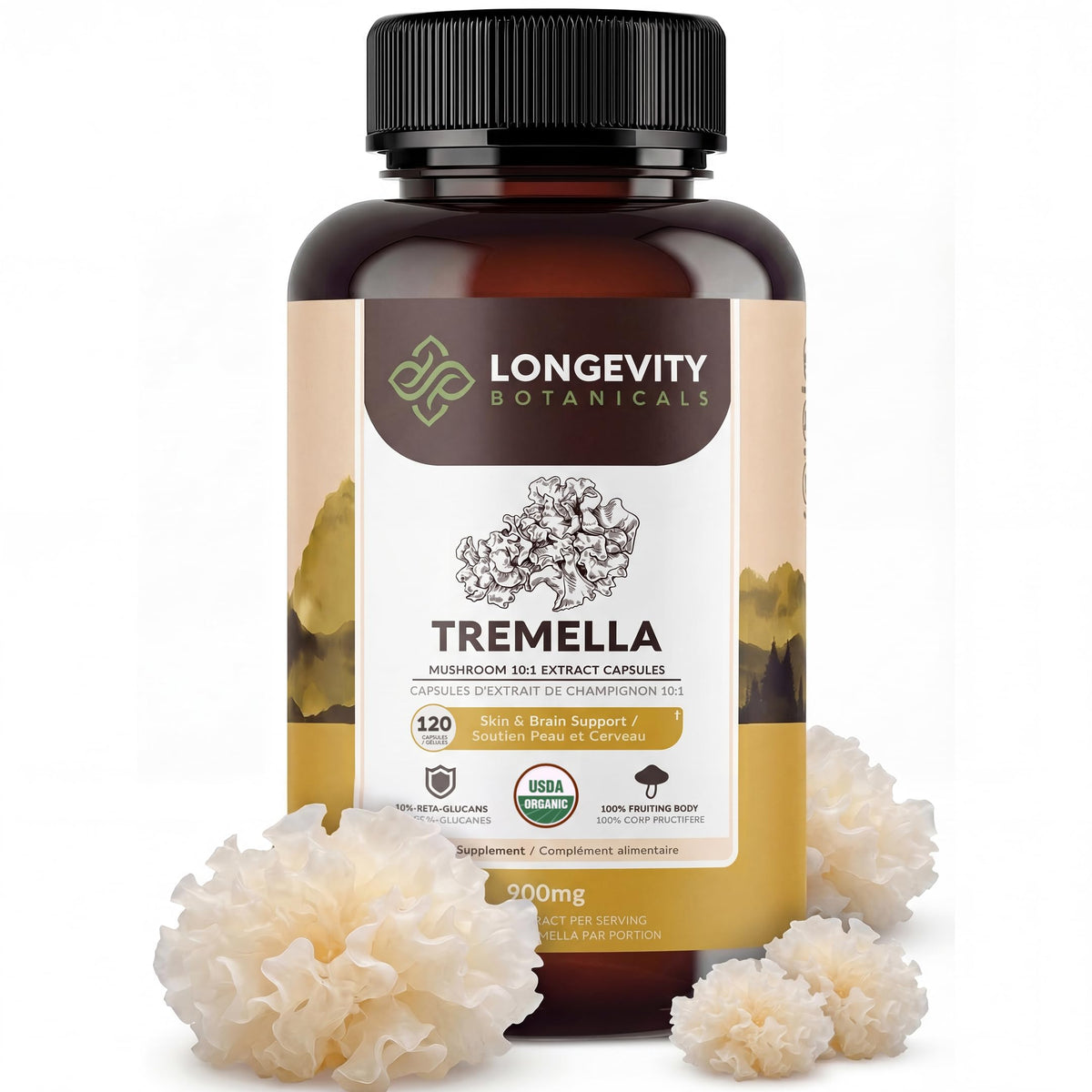 Longevity Botanicals capsules de champignon Tremella bio 120ct vue de face