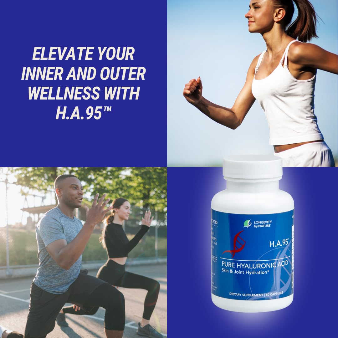 Longevity by Nature H.A.95 Acide Hyaluronique Capsules displayed with a measuring spoon