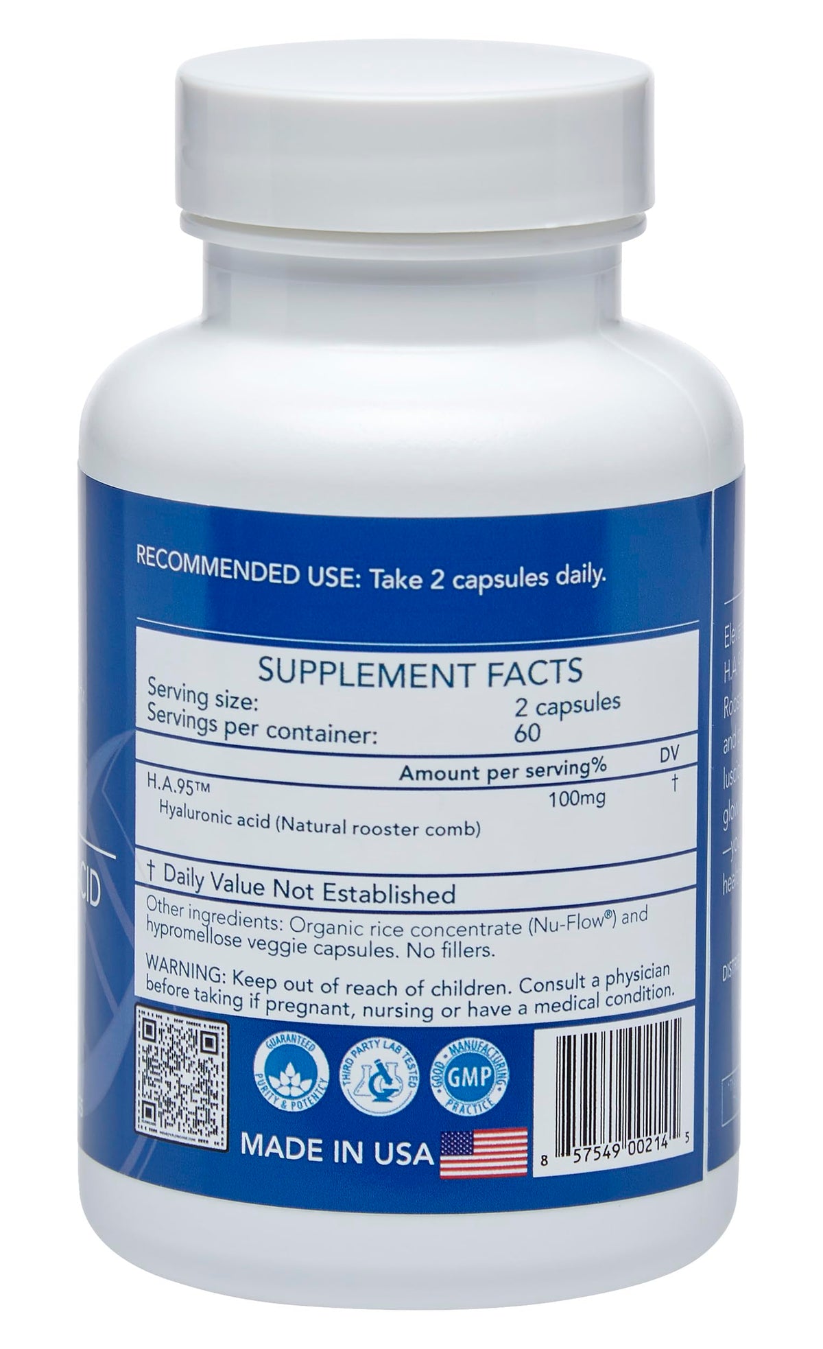 Longevity by Nature H.A.95 Acide Hyaluronique Capsules with a glass of water