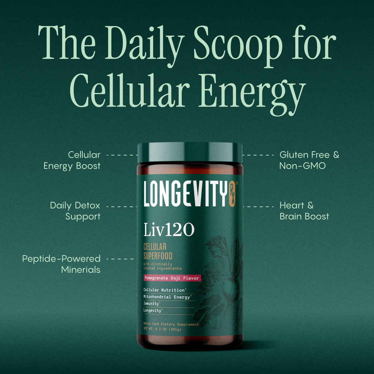 Longevity Rx Poudre Superaliment Liv120 363g contenant ouvert avec poudre