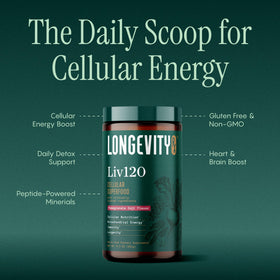 Longevity Rx Poudre Superaliment Liv120 363g contenant ouvert avec poudre